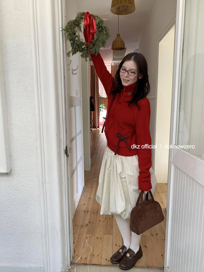 DKZ OFFICIAL Christmas Red Knit Cardigan With Bow For Women Cozy Winter Sweater