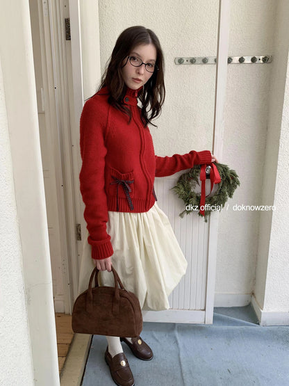 DKZ OFFICIAL Christmas Red Knit Cardigan With Bow For Women Cozy Winter Sweater