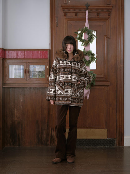 DKZ OFFICIAL Coffee Animal Jacquard Hooded Loose Women&