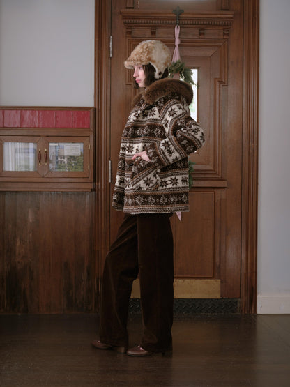 DKZ OFFICIAL Coffee Animal Jacquard Hooded Loose Women&