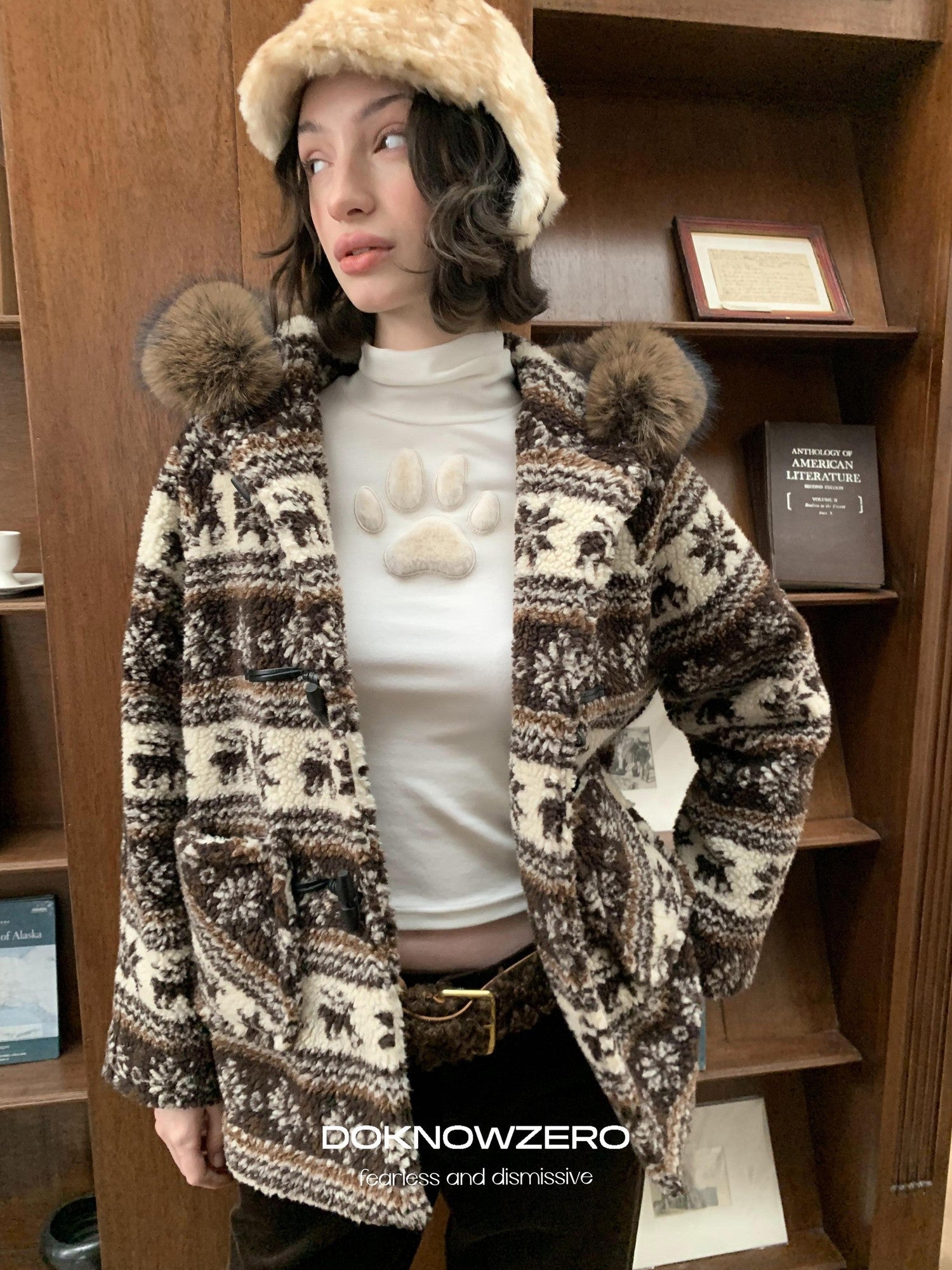 DKZ OFFICIAL Coffee Animal Jacquard Hooded Loose Women&