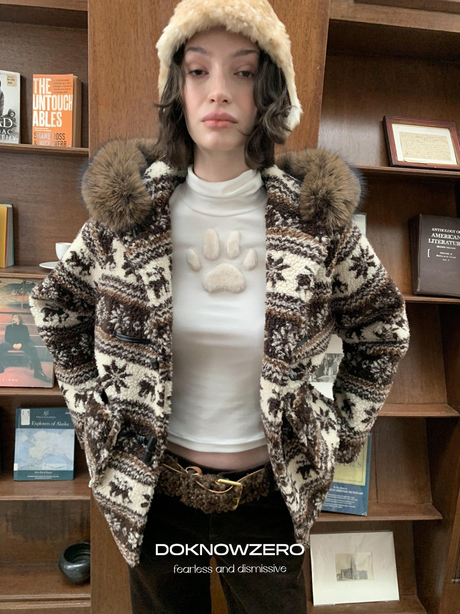 DKZ OFFICIAL Coffee Animal Jacquard Hooded Loose Women&