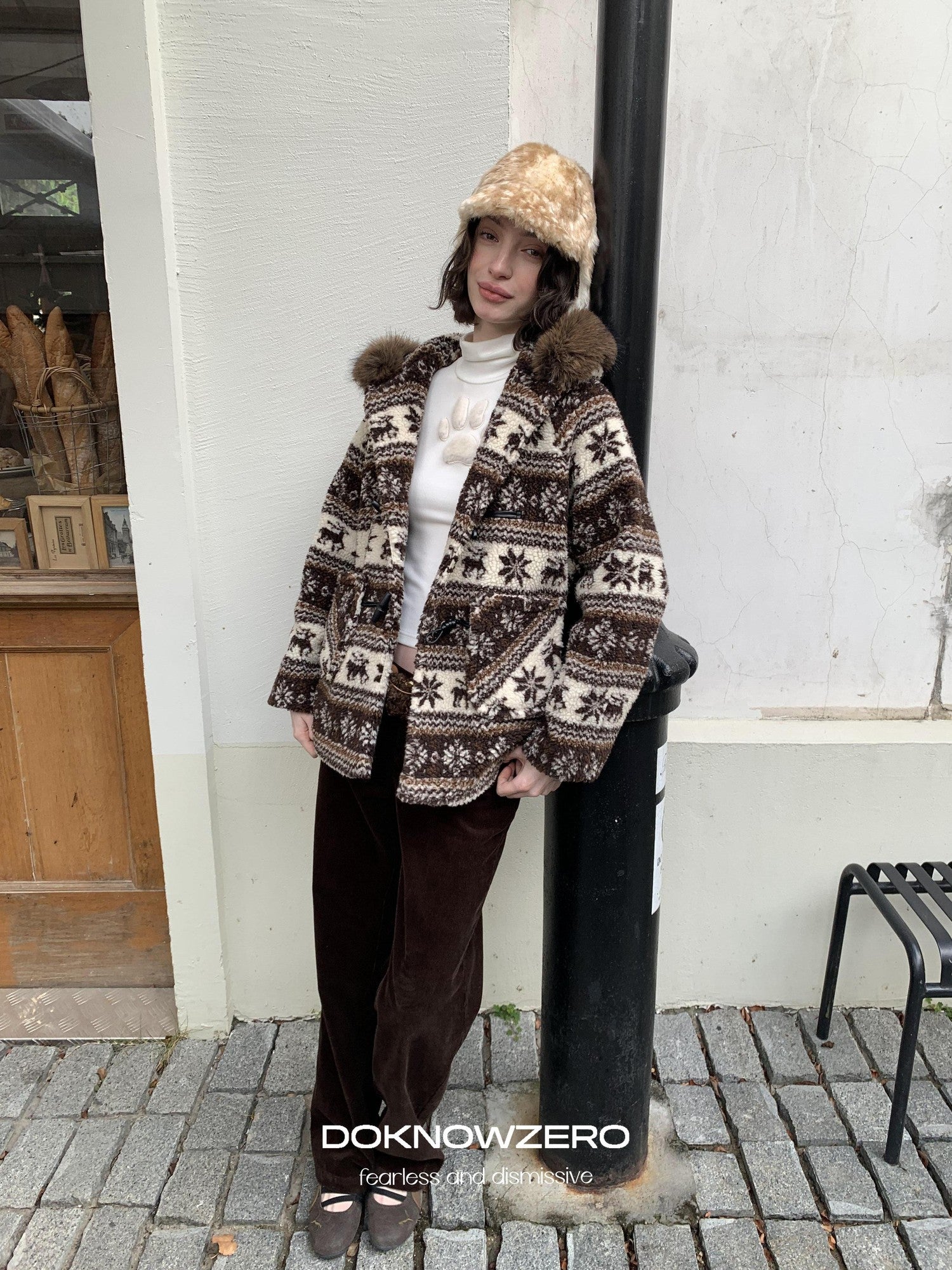 DKZ OFFICIAL Coffee Animal Jacquard Hooded Loose Women&