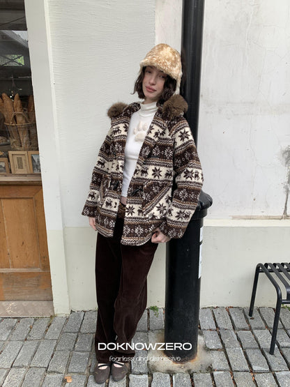 DKZ OFFICIAL Coffee Animal Jacquard Hooded Loose Women&