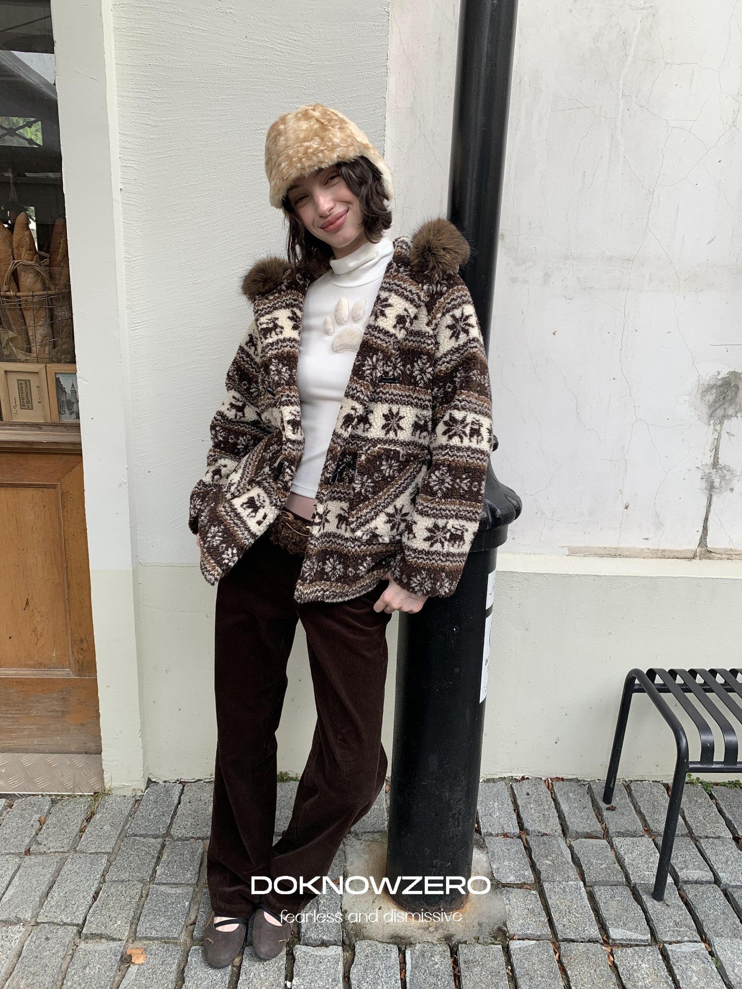DKZ OFFICIAL Coffee Animal Jacquard Hooded Loose Women&