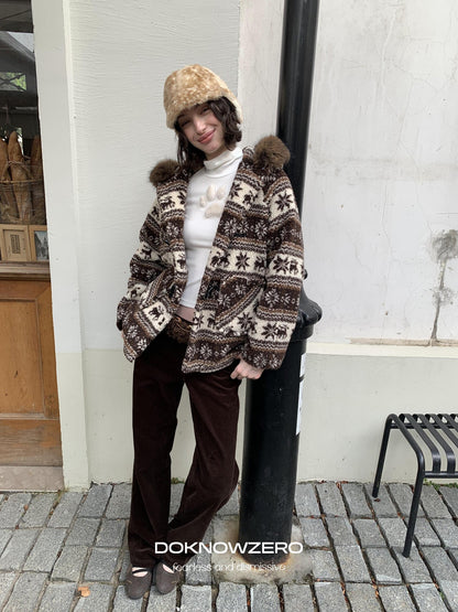 DKZ OFFICIAL Coffee Animal Jacquard Hooded Loose Women&