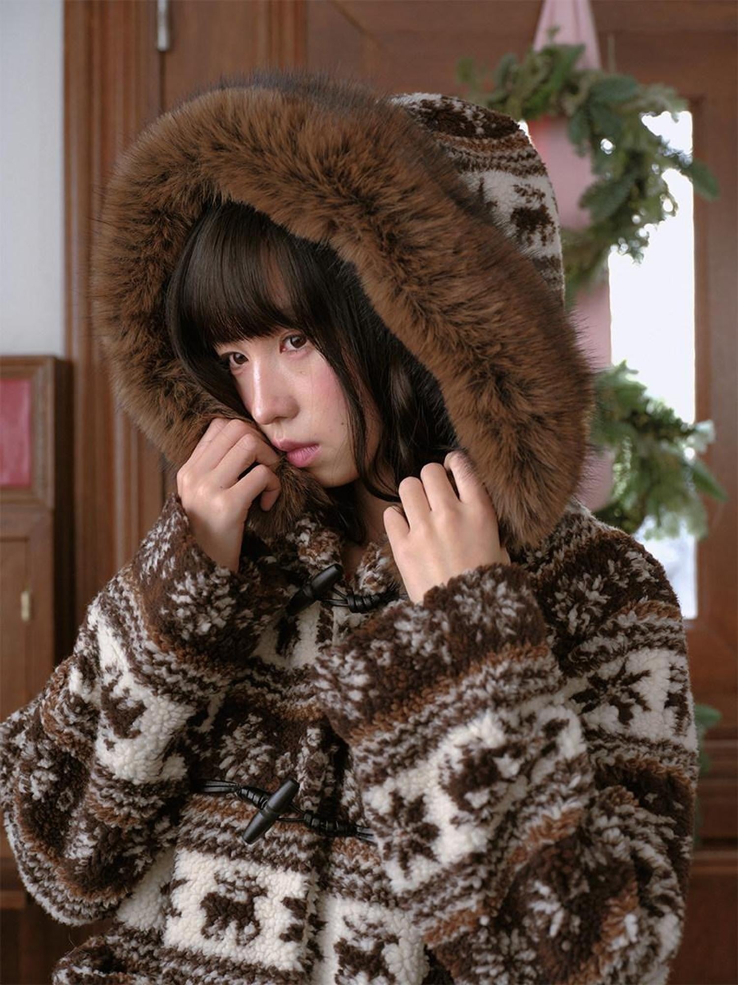 DKZ OFFICIAL Coffee Animal Jacquard Hooded Loose Women&