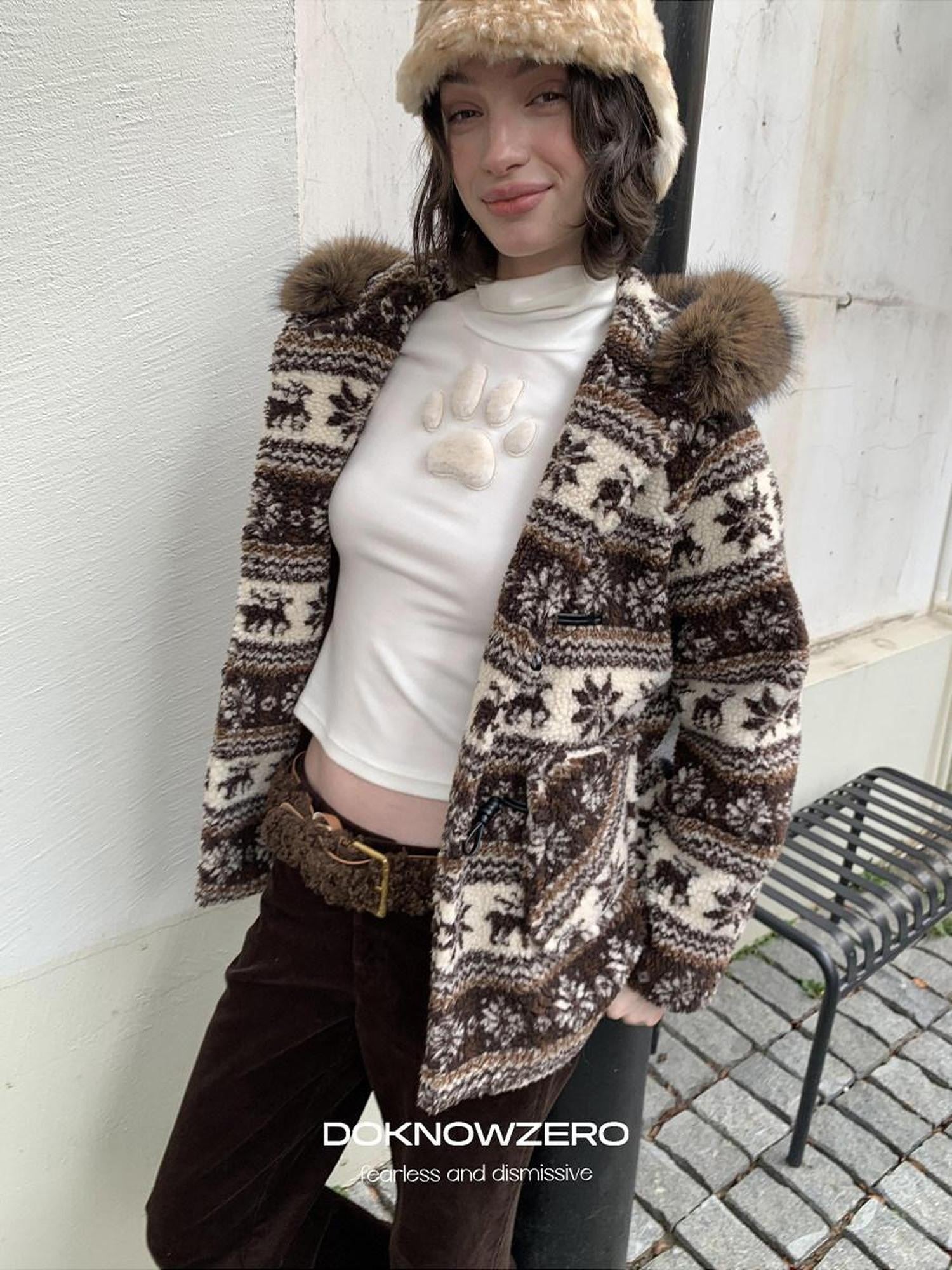 DKZ OFFICIAL Coffee Animal Jacquard Hooded Loose Women&