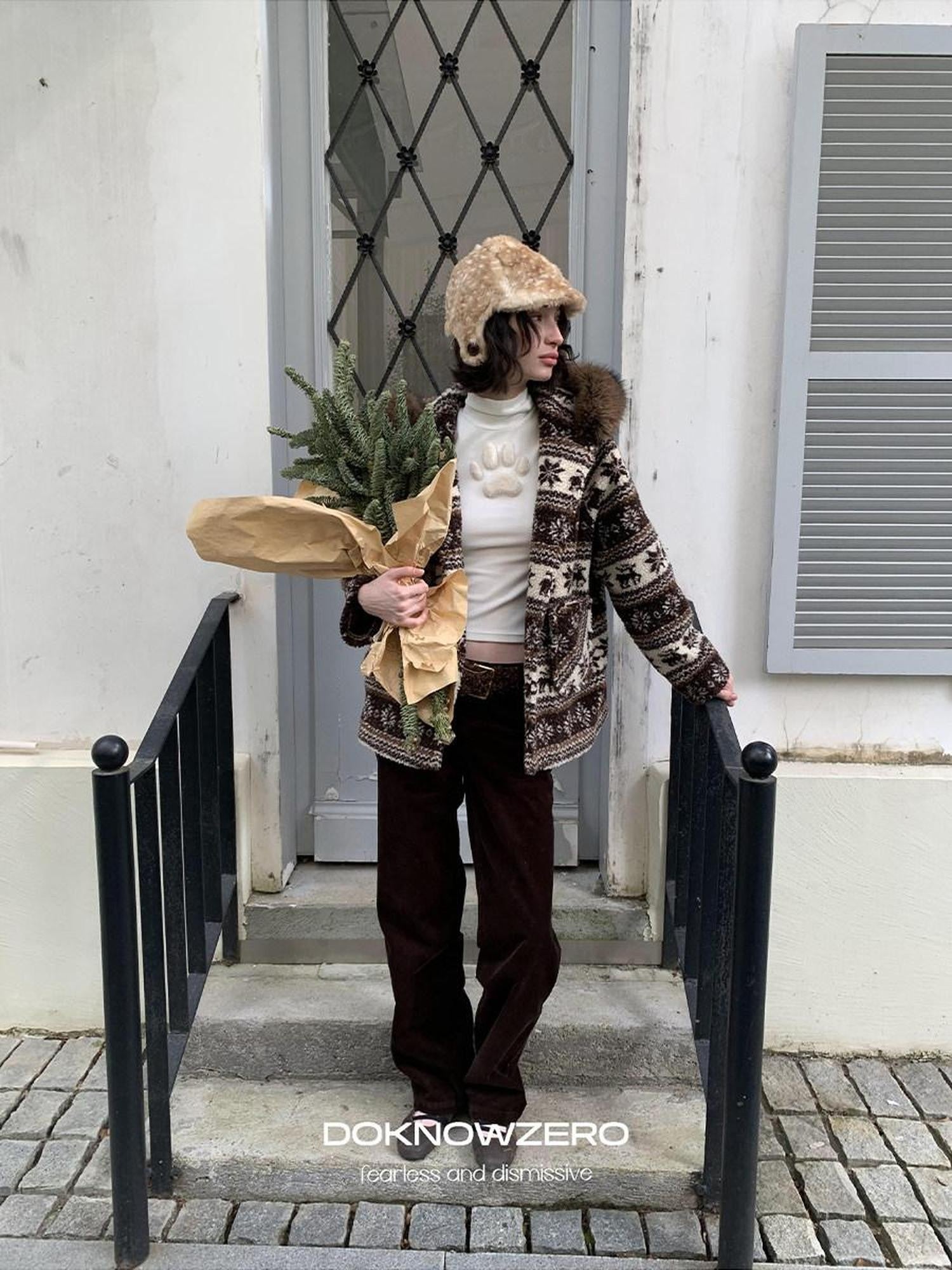 DKZ OFFICIAL Coffee Animal Jacquard Hooded Loose Women&