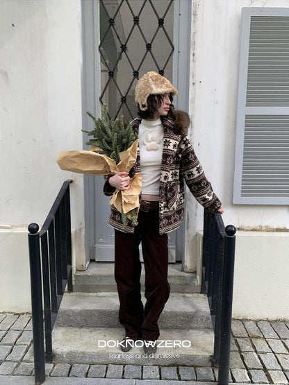 DKZ OFFICIAL Coffee Animal Jacquard Hooded Loose Women&