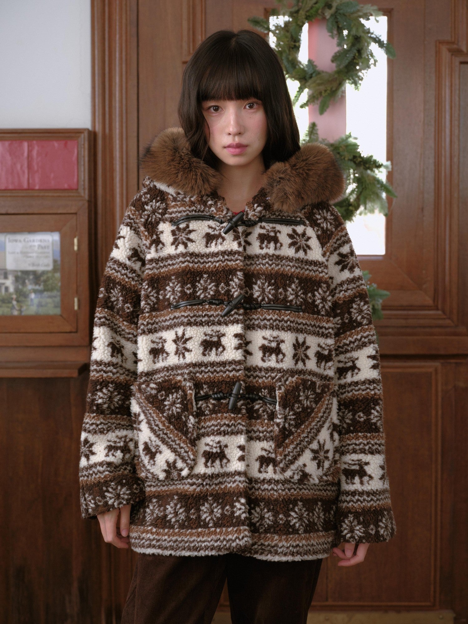 DKZ OFFICIAL Coffee Animal Jacquard Hooded Loose Women&