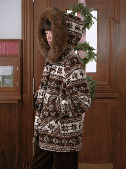 DKZ OFFICIAL Coffee Animal Jacquard Hooded Loose Women&