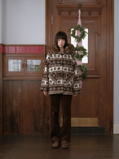 DKZ OFFICIAL Coffee Animal Jacquard Hooded Loose Women&