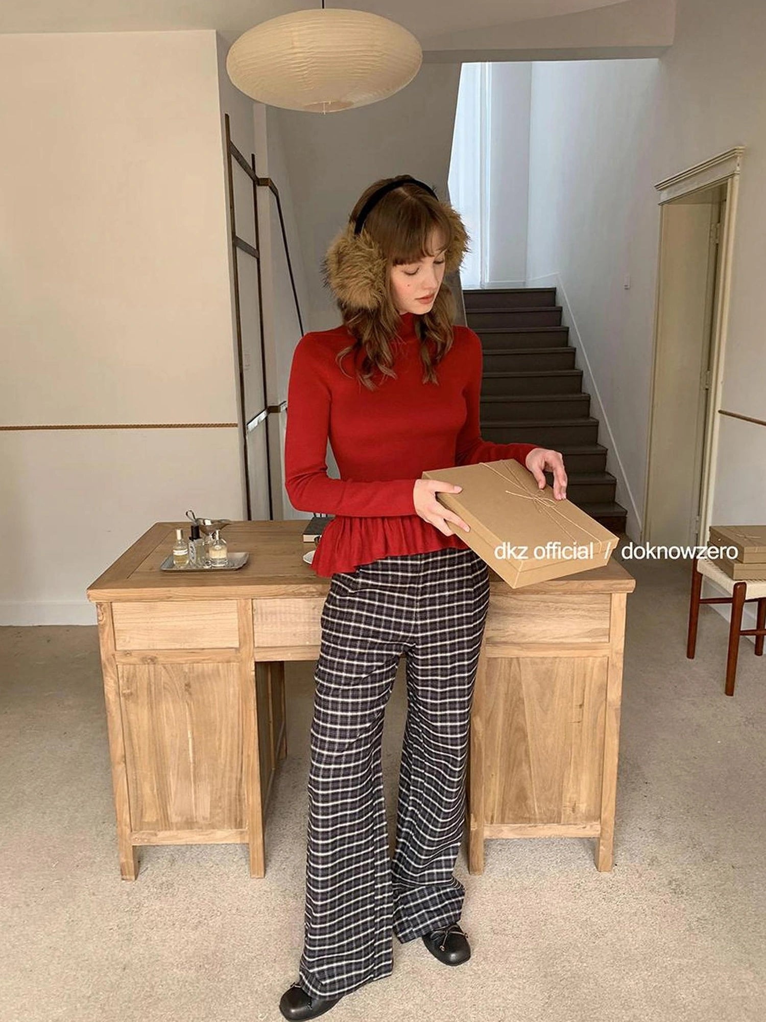 DKZ OFFICIAL Coffee Brown Checkered Wide Leg Trousers For Women