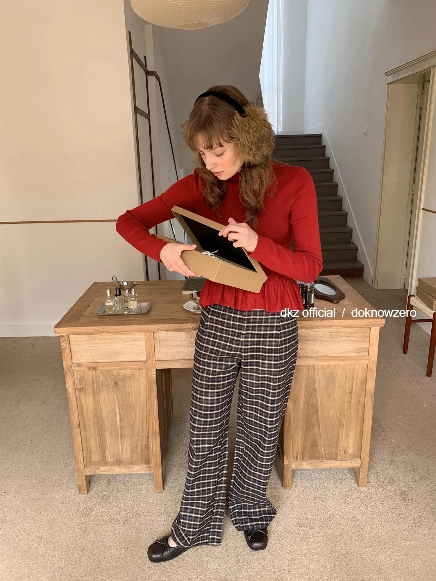 DKZ OFFICIAL Coffee Brown Checkered Wide Leg Trousers For Women