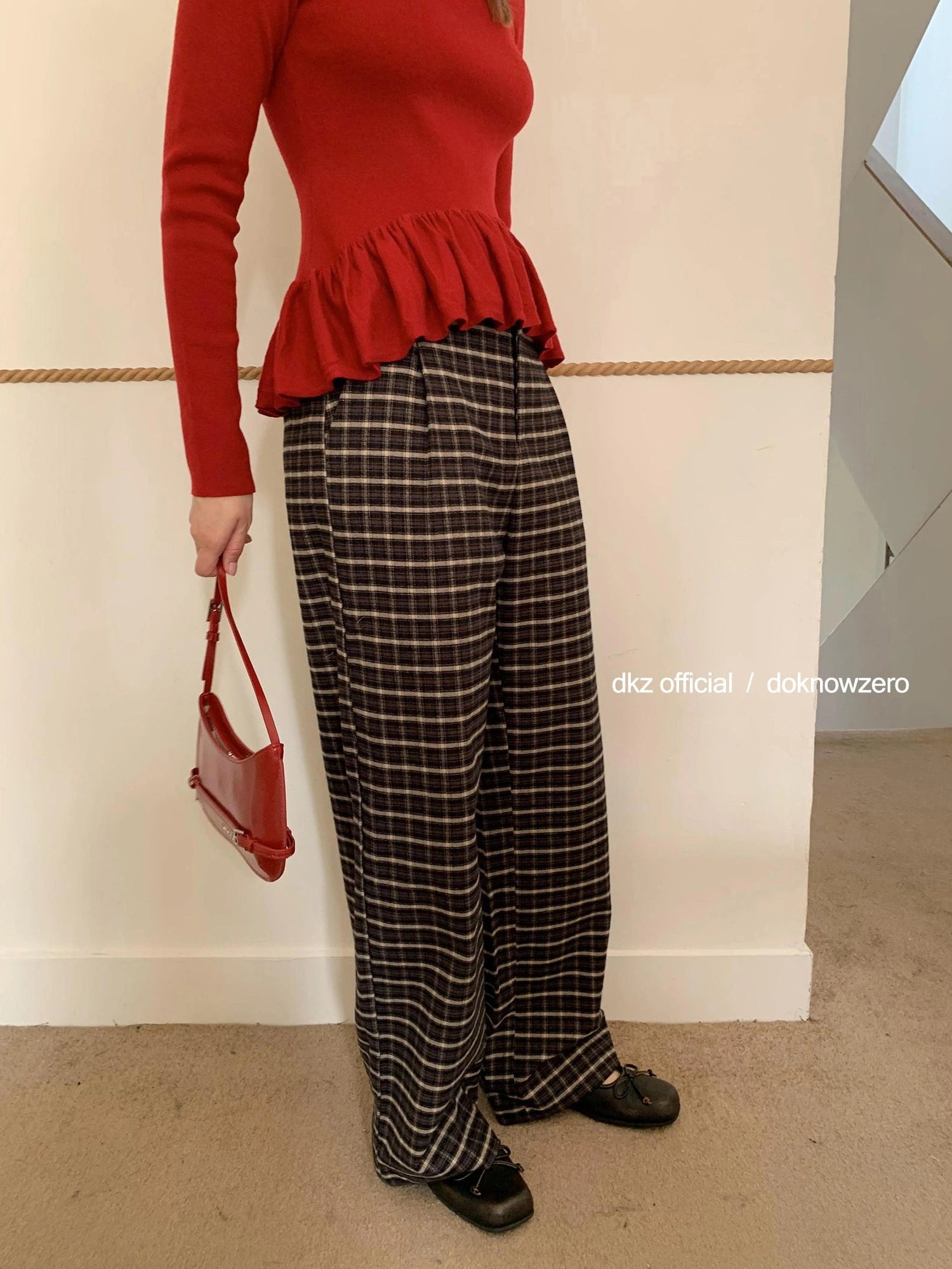 DKZ OFFICIAL Coffee Brown Checkered Wide Leg Trousers For Women