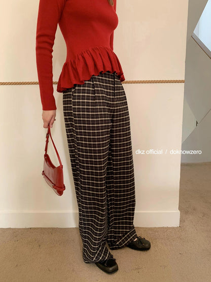 DKZ OFFICIAL Coffee Brown Checkered Wide Leg Trousers For Women