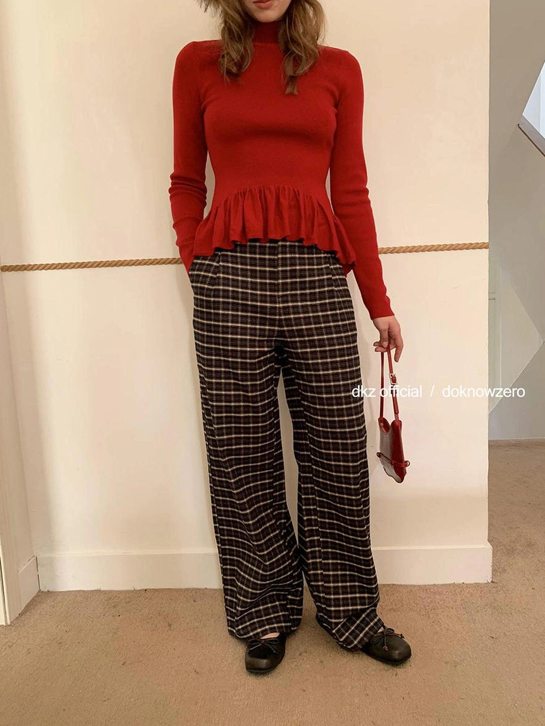 DKZ OFFICIAL Coffee Brown Checkered Wide Leg Trousers For Women