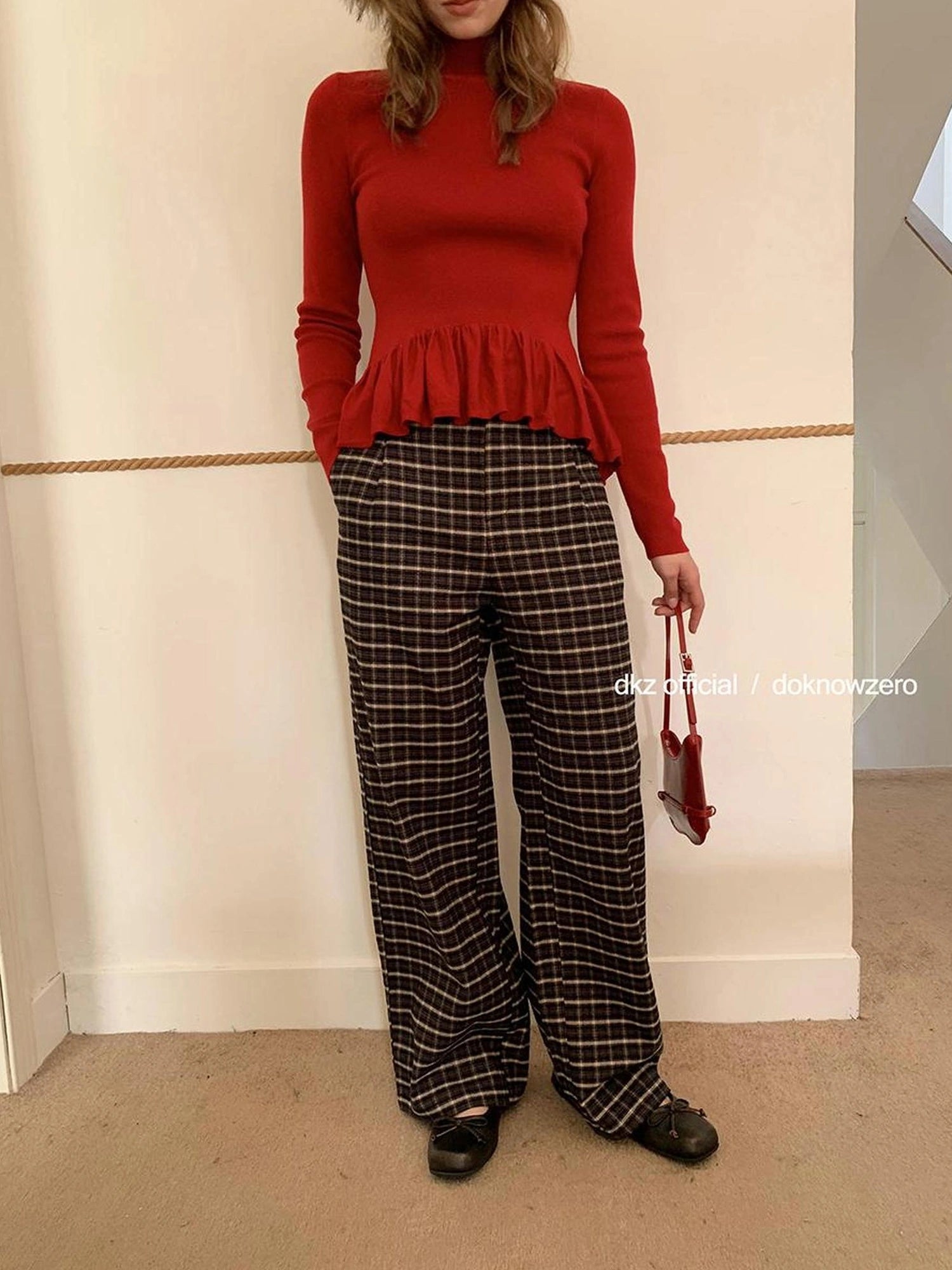 DKZ OFFICIAL Coffee Brown Checkered Wide Leg Trousers For Women