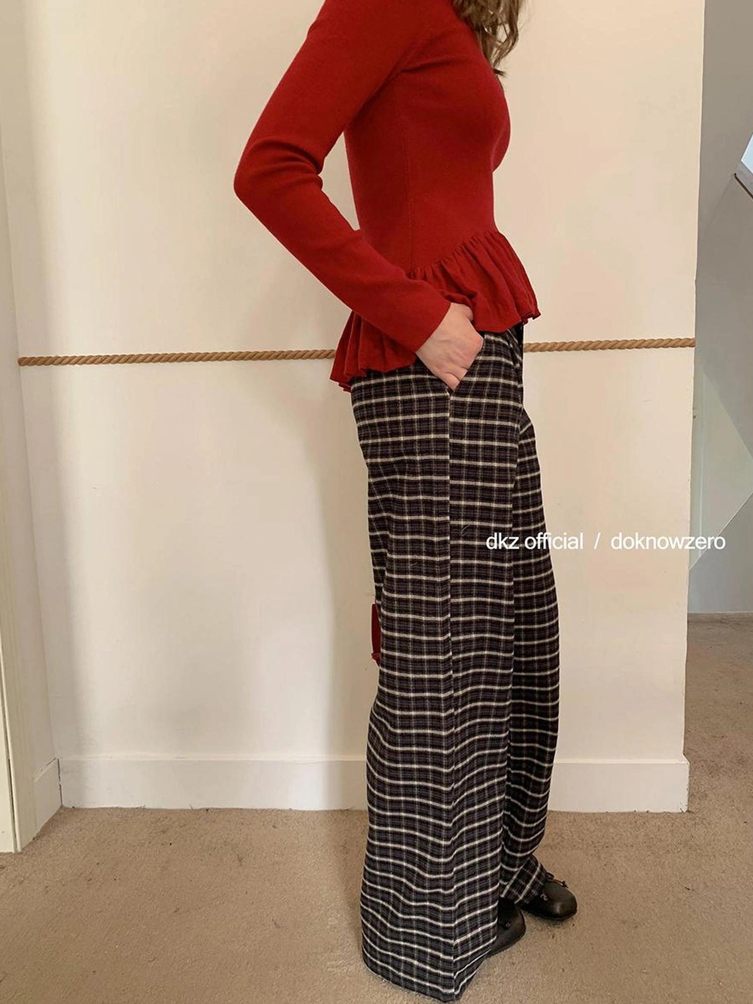 DKZ OFFICIAL Coffee Brown Checkered Wide Leg Trousers For Women