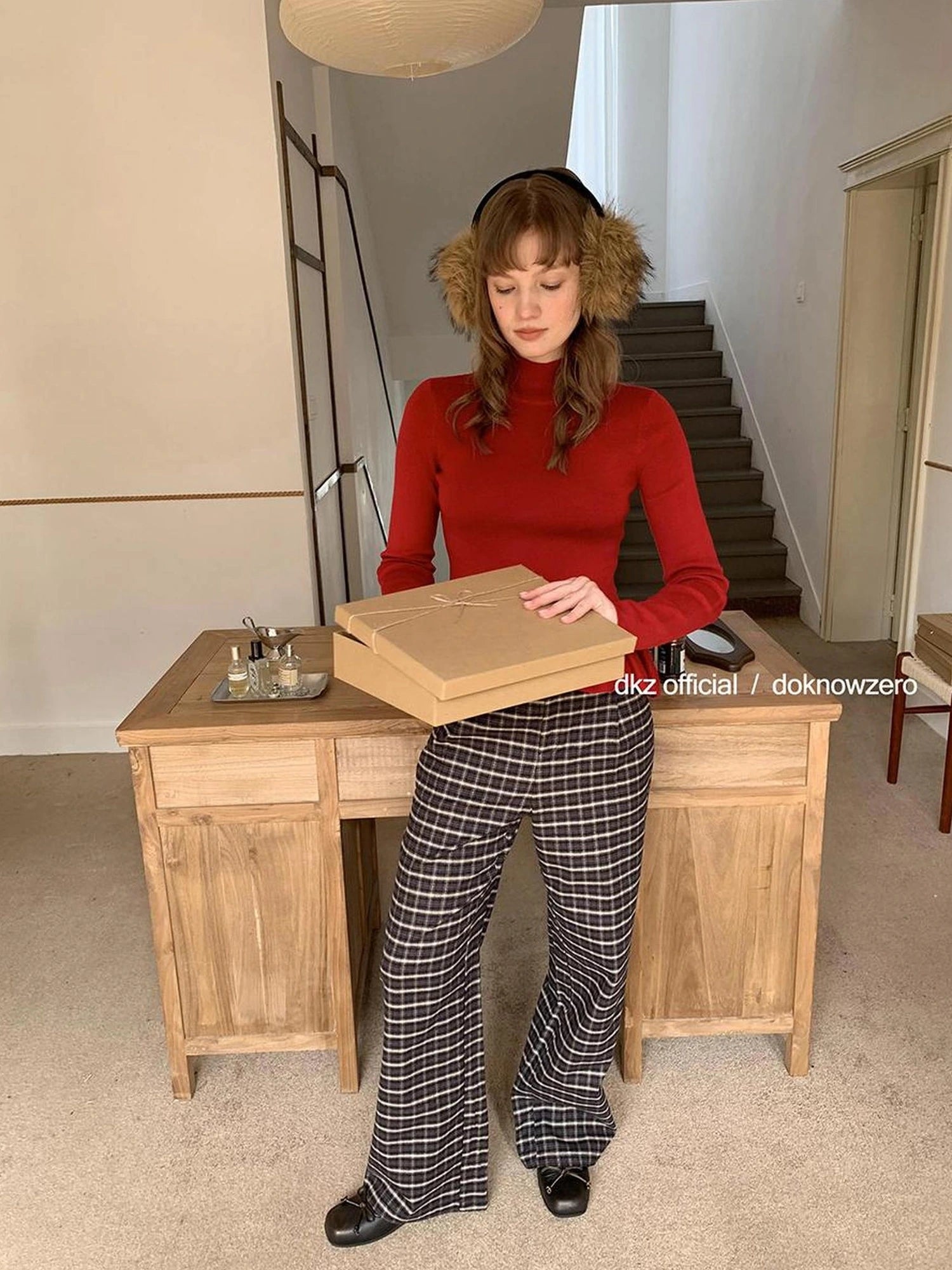 DKZ OFFICIAL Coffee Brown Checkered Wide Leg Trousers For Women