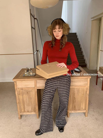 DKZ OFFICIAL Coffee Brown Checkered Wide Leg Trousers For Women