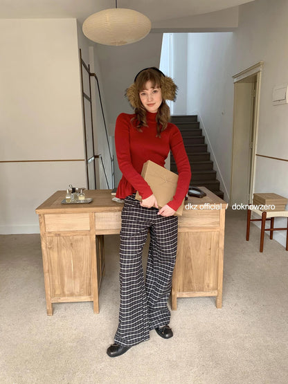 DKZ OFFICIAL Coffee Brown Checkered Wide Leg Trousers For Women