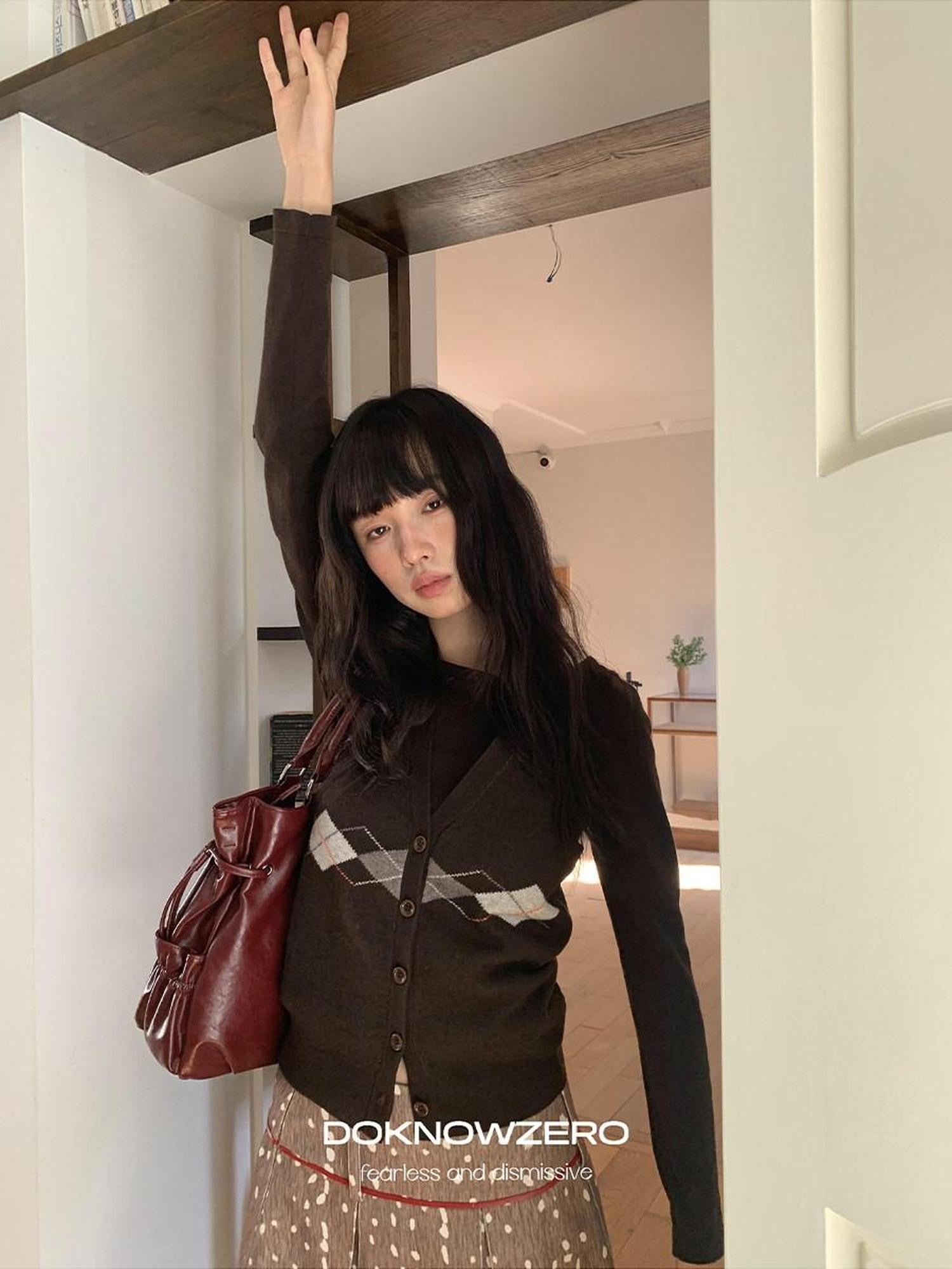 DKZ OFFICIAL Coffee Brown Vintage Argyle Knit Women&