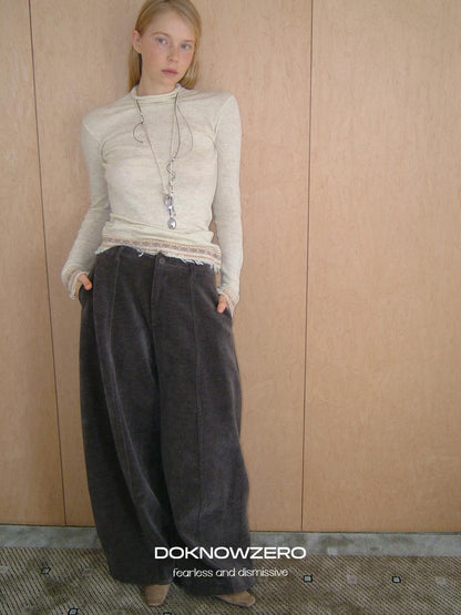DKZ OFFICIAL Coffee Corduroy Relaxed Low Waist Pocket Curved Cut Women&