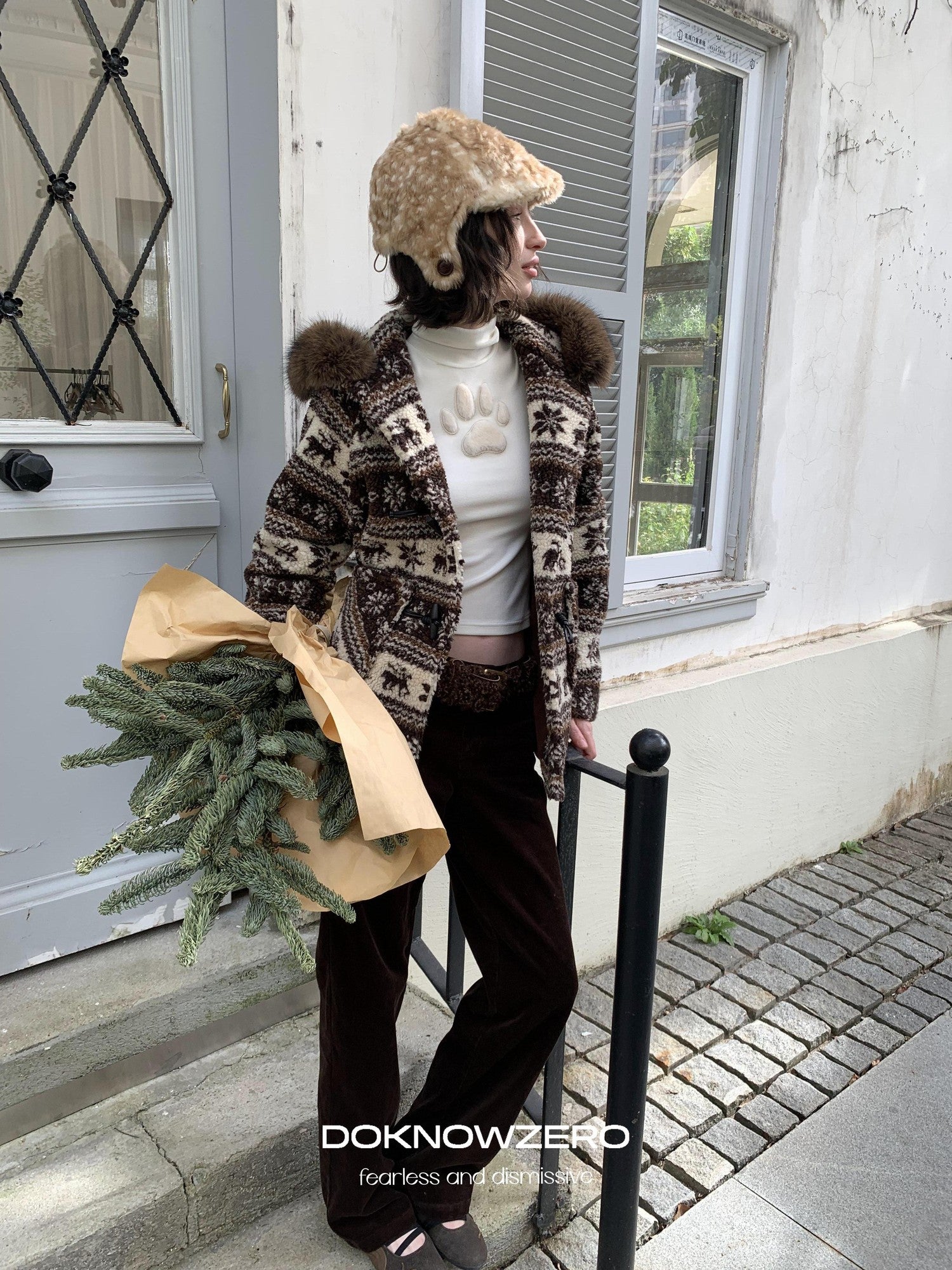 DKZ OFFICIAL Coffee Corduroy Retro Bow Pocket Women&