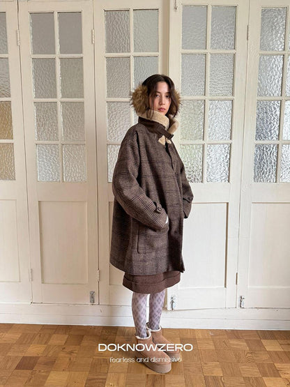 DKZ OFFICIAL Coffee Fur Collar Vintage Plaid Loose Women&