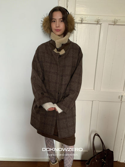 DKZ OFFICIAL Coffee Fur Collar Vintage Plaid Loose Women&