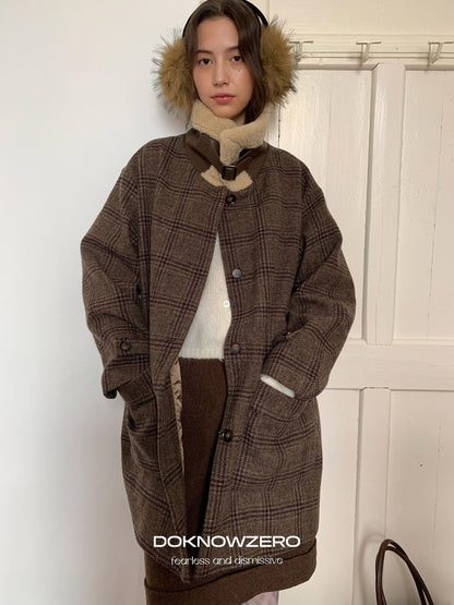 DKZ OFFICIAL Coffee Fur Collar Vintage Plaid Loose Women&