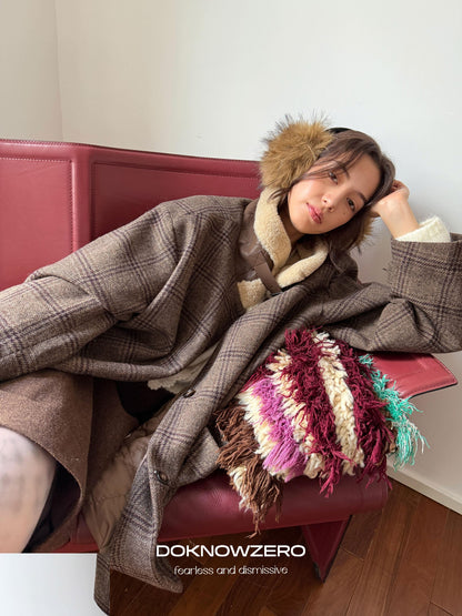 DKZ OFFICIAL Coffee Fur Collar Vintage Plaid Loose Women&