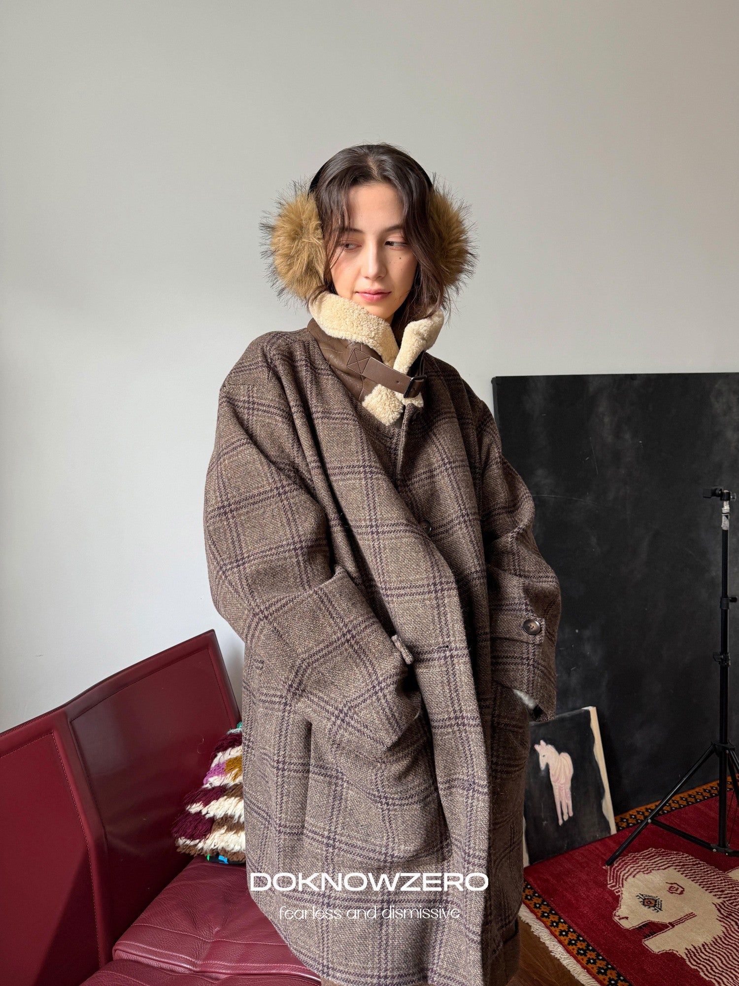 DKZ OFFICIAL Coffee Fur Collar Vintage Plaid Loose Women&