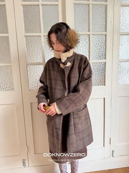 DKZ OFFICIAL Coffee Fur Collar Vintage Plaid Loose Women&