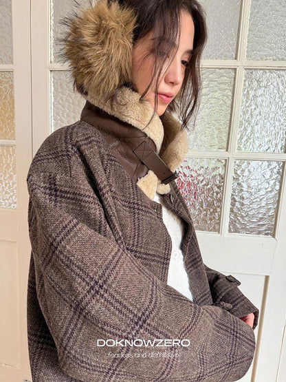 DKZ OFFICIAL Coffee Fur Collar Vintage Plaid Loose Women&