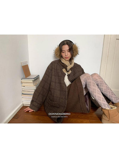 DKZ OFFICIAL Coffee Fur Collar Vintage Plaid Loose Women&