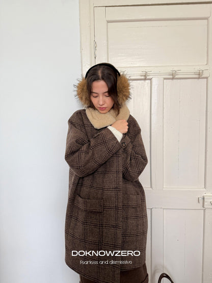 DKZ OFFICIAL Coffee Fur Collar Vintage Plaid Loose Women&