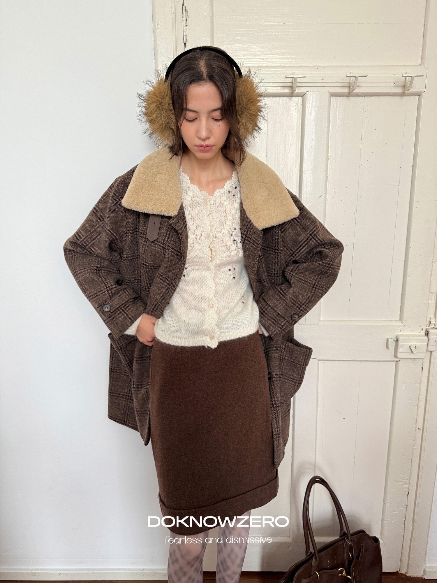 DKZ OFFICIAL Coffee Fur Collar Vintage Plaid Loose Women&