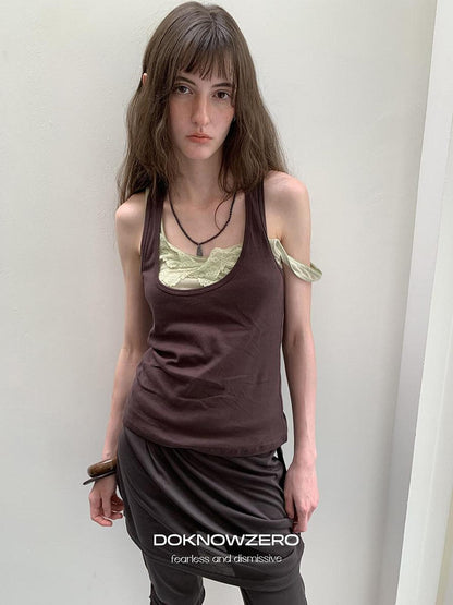 DKZ OFFICIAL Coffee Lace Layered Contrast Y Back U Neck Loose Women&