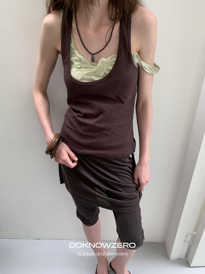 DKZ OFFICIAL Coffee Lace Layered Contrast Y Back U Neck Loose Women&