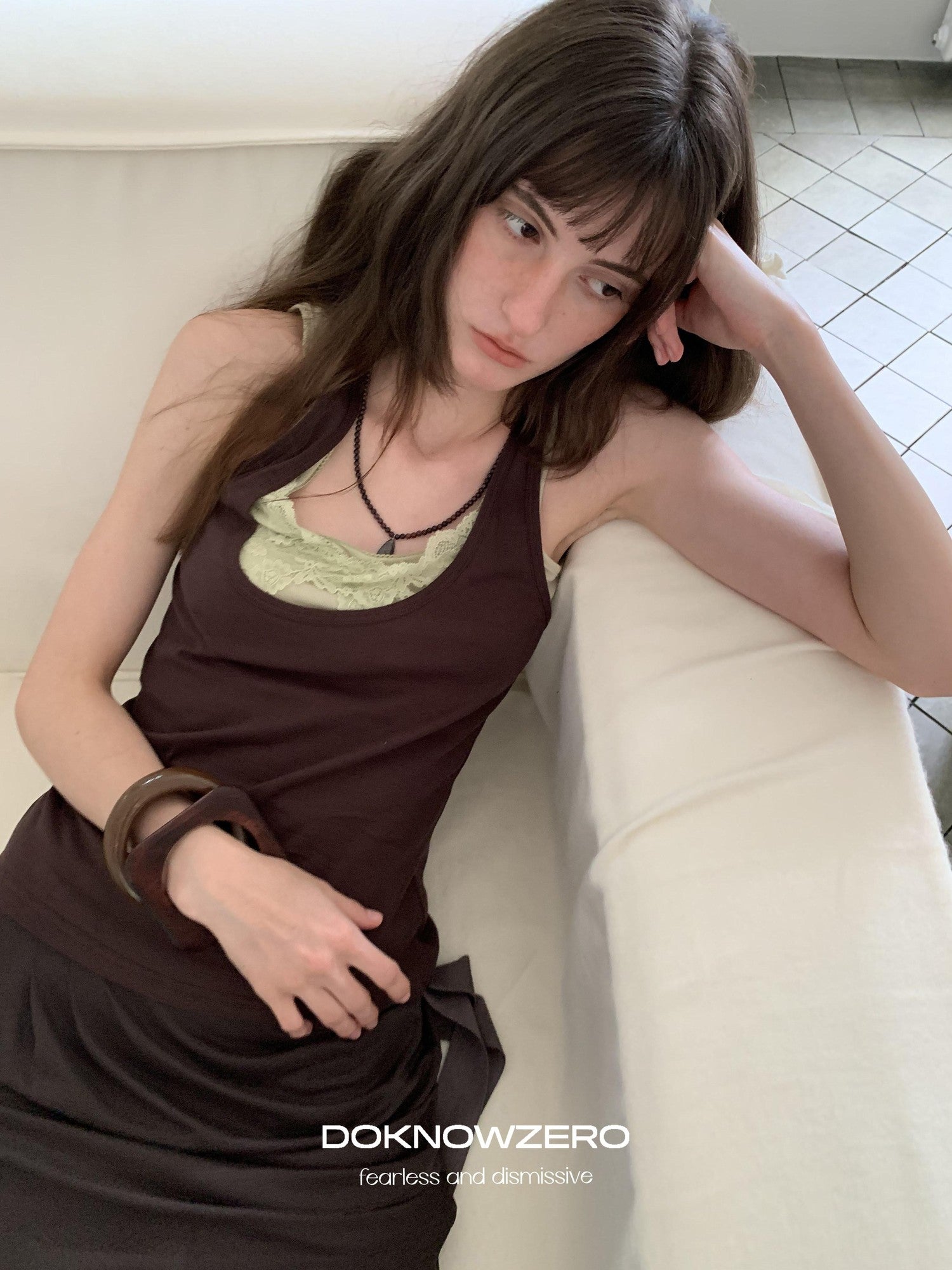 DKZ OFFICIAL Coffee Lace Layered Contrast Y Back U Neck Loose Women&