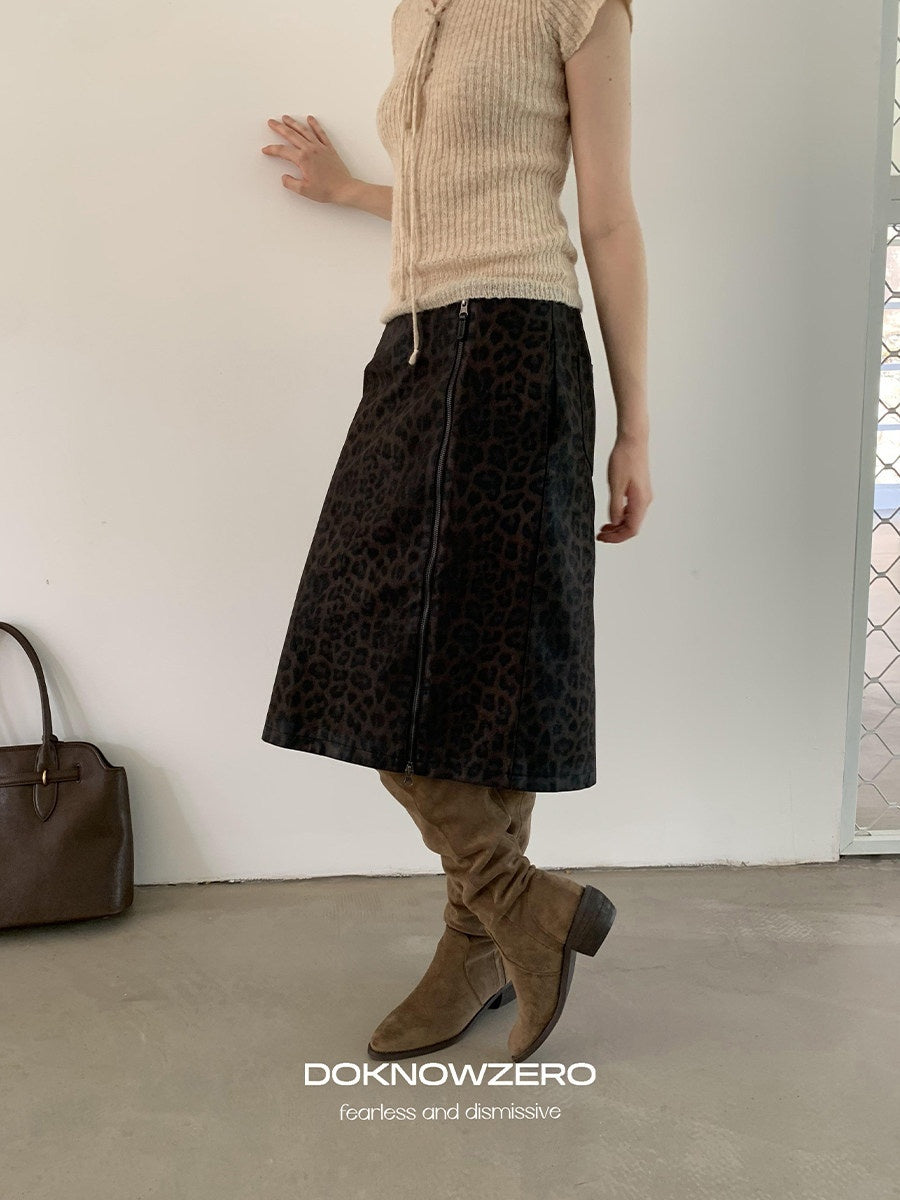 DKZ_OFFICIAL_Coffee_Leopard_Print_H_Line_Side_Slit_Mid_Waist_Retro_Women&