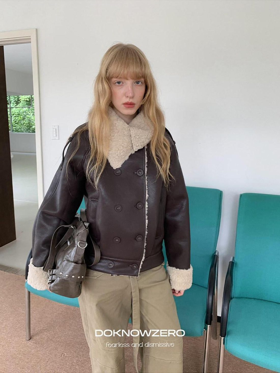 DKZ OFFICIAL Coffee Panel Shearling Lapel Double Breasted Women&
