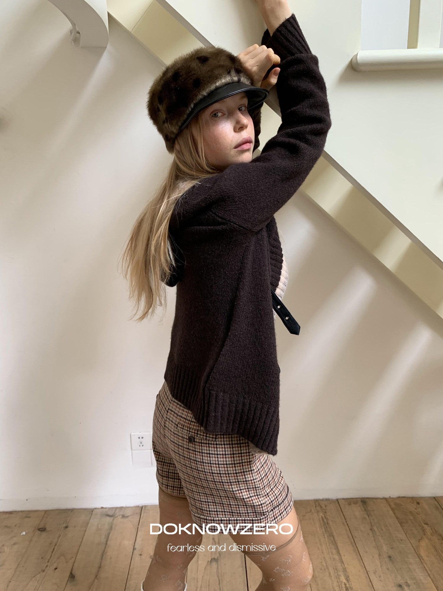 DKZ OFFICIAL Coffee Plaid Zip Pocket Straight Women&