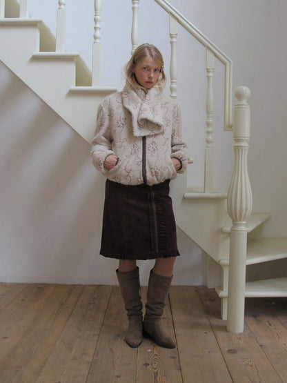 DKZ OFFICIAL Coffee Suede Lace Patchwork Dimensional H Line Women&