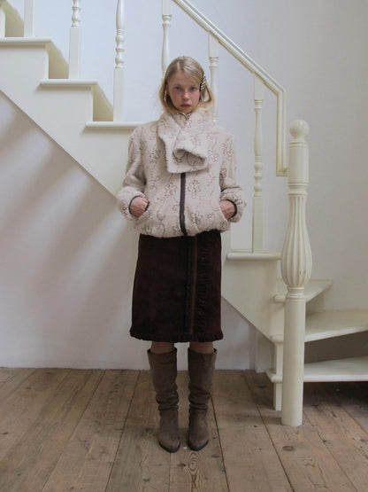 DKZ OFFICIAL Coffee Suede Lace Patchwork Dimensional H Line Women&