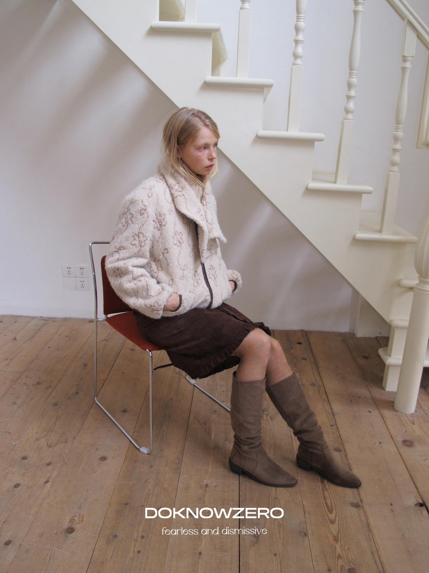 DKZ OFFICIAL Coffee Suede Lace Patchwork Dimensional H Line Women&