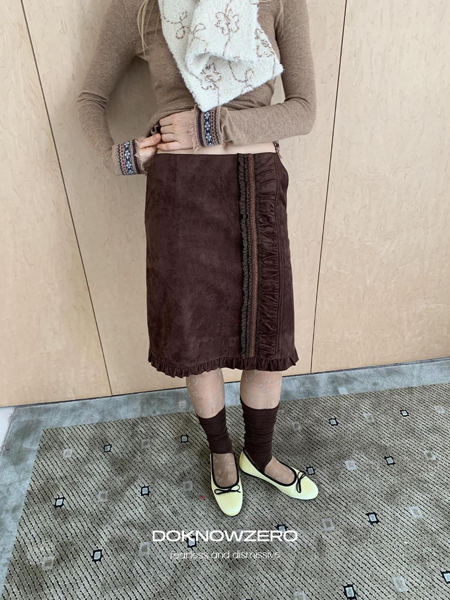 DKZ OFFICIAL Coffee Suede Lace Patchwork Dimensional H Line Women&